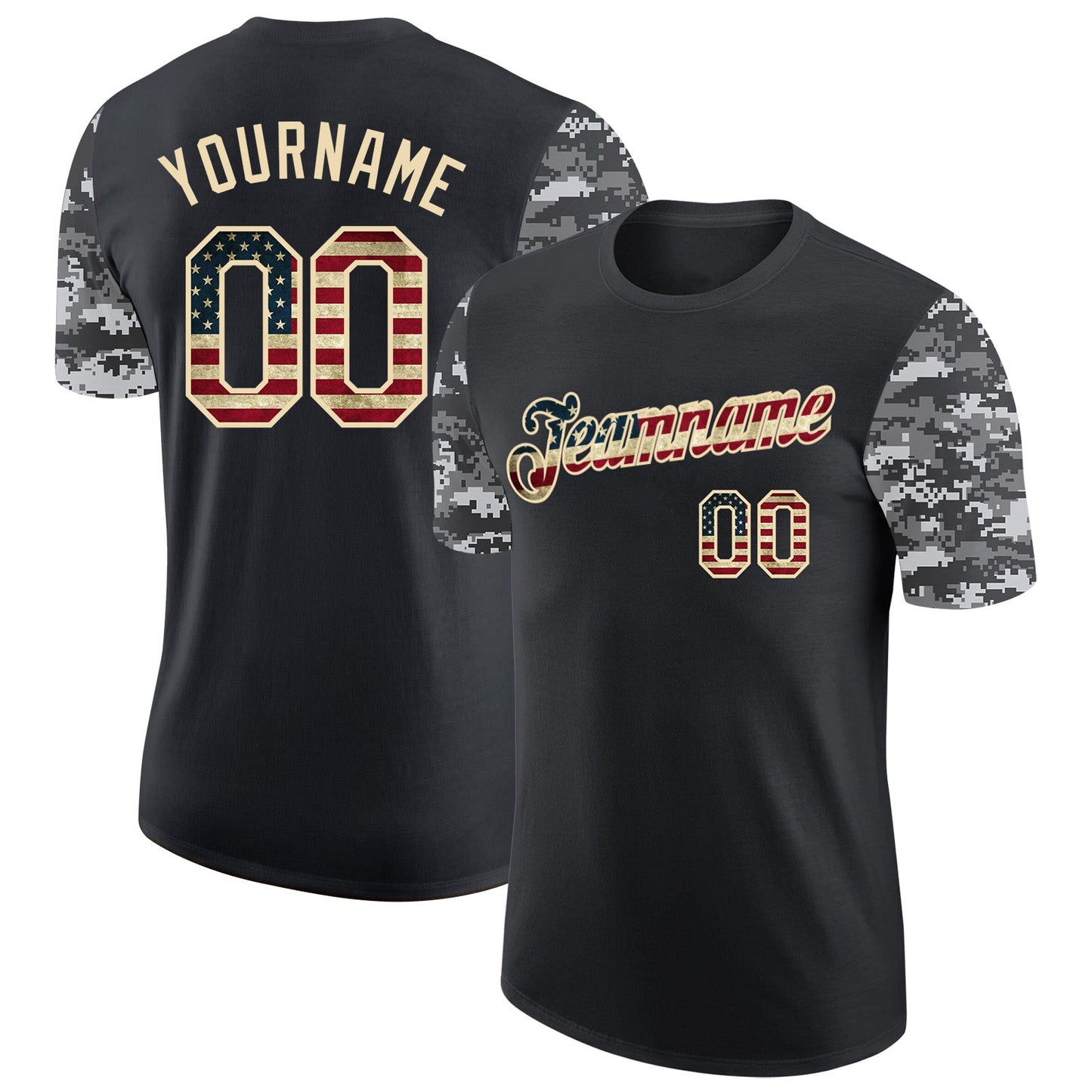 Custom Black Vintage USA Flag-Cream Camo Two Tone Performance T-Shirt - Main View