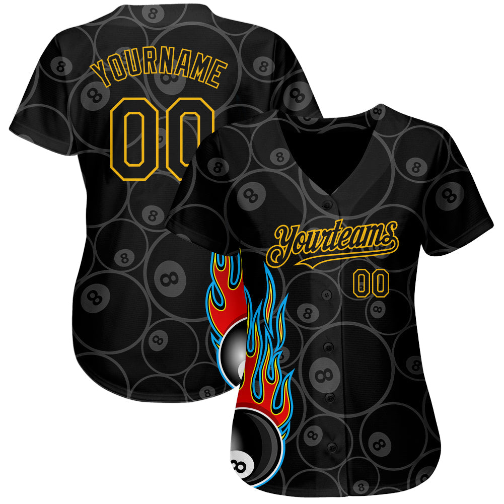 Custom Black Gold 3D Pattern Design Flaming Billiards Snooker 8 Ball Authentic Baseball Jersey view 2