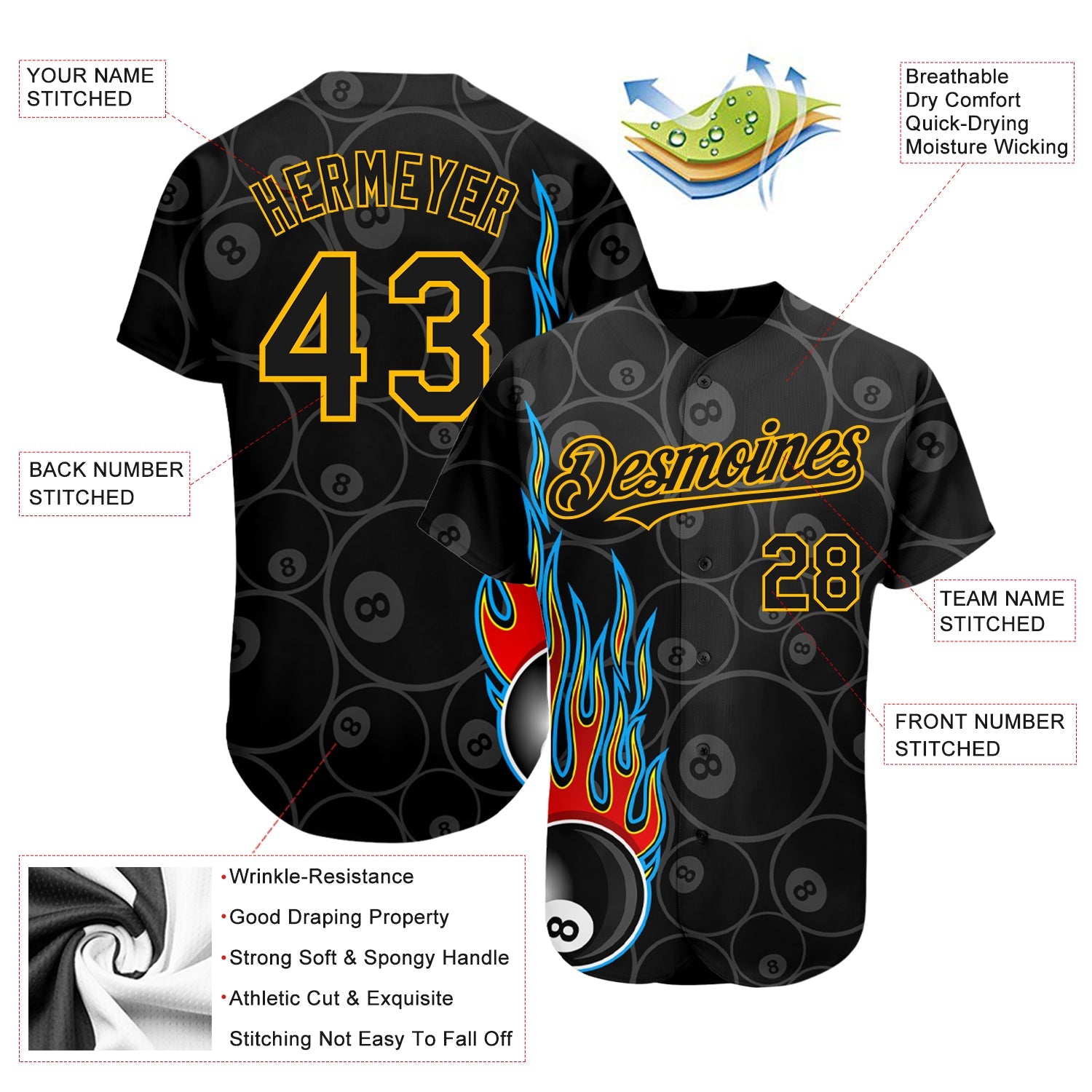 Custom Black Gold 3D Pattern Design Flaming Billiards Snooker 8 Ball Authentic Baseball Jersey view 3