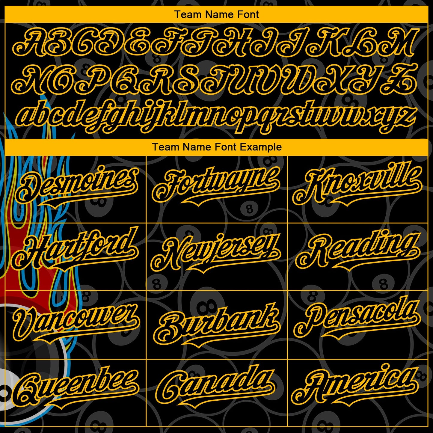 Custom Black Gold 3D Pattern Design Flaming Billiards Snooker 8 Ball Authentic Baseball Jersey view 4