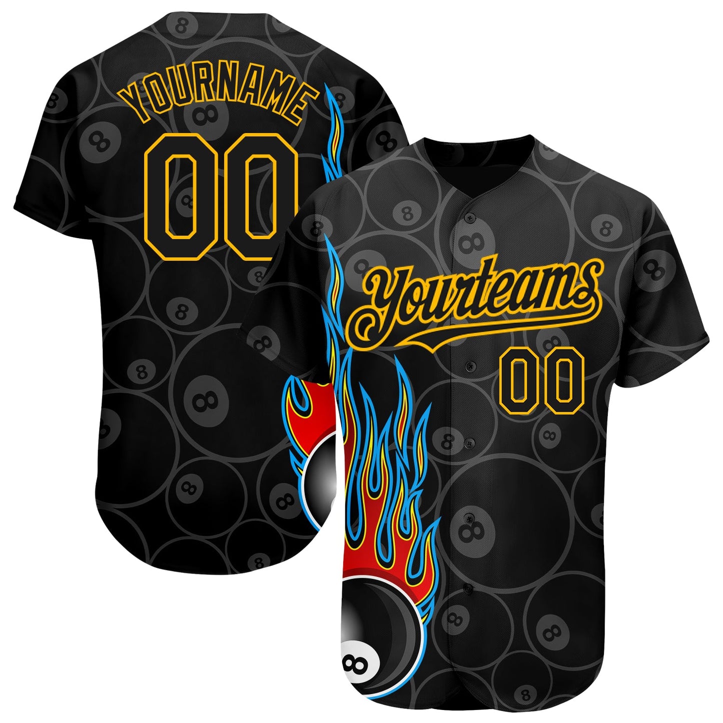Custom Black Gold 3D Pattern Design Flaming Billiards Snooker 8 Ball Authentic Baseball Jersey - Main View