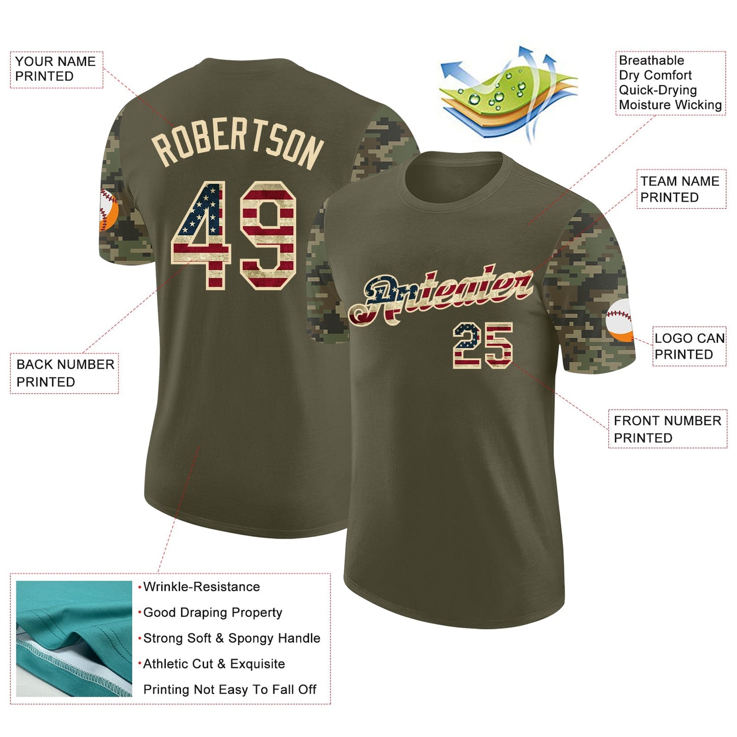 Custom Olive Vintage USA Flag-Cream Camo Two Tone Performance T-Shirt view 2