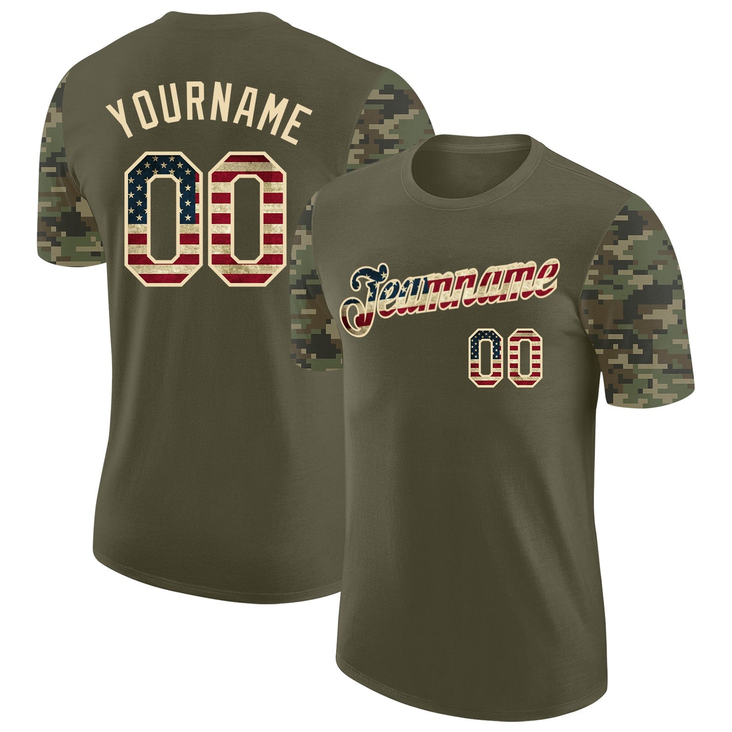 Custom Olive Vintage USA Flag-Cream Camo Two Tone Performance T-Shirt - Main View
