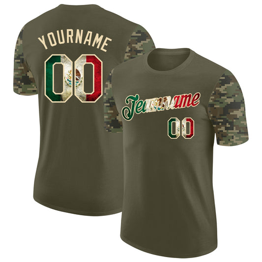 Custom Olive Vintage Mexican Flag-Cream Camo Two Tone Performance T-Shirt - Main View
