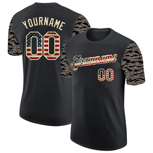 Custom Black Vintage USA Flag-Cream Camo Two Tone Performance T-Shirt - Main View