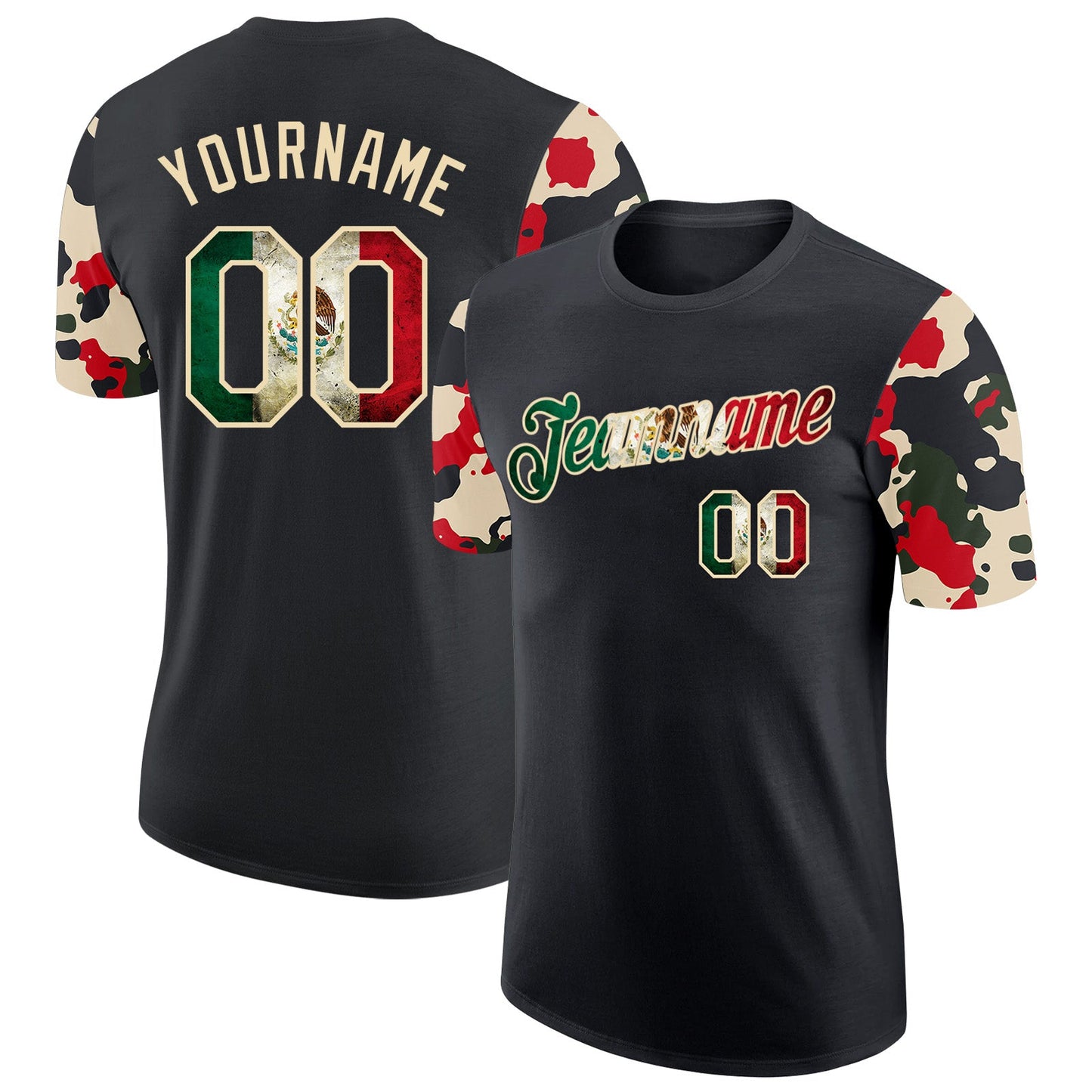 Custom Black Vintage Mexican Flag-Cream Camo Two Tone Performance T-Shirt - Main View