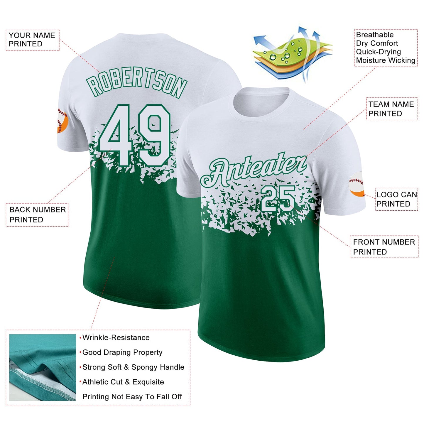 Custom White-Kelly Green Fade Geometric Splatter Fragmented Shards Performance T-Shirt view 2