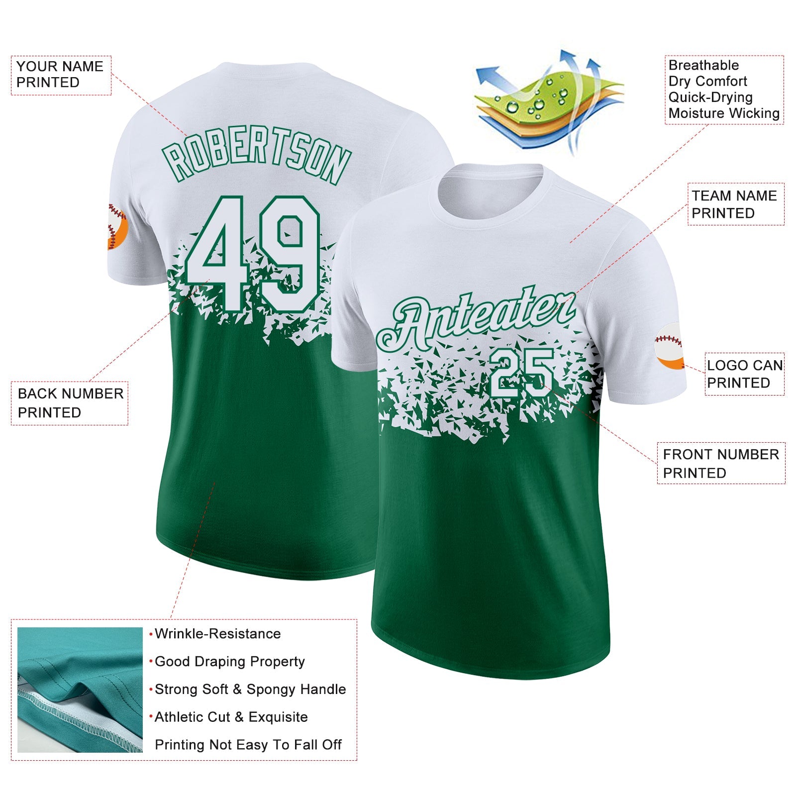 Custom White-Kelly Green Fade Geometric Splatter Fragmented Shards Performance T-Shirt view 2