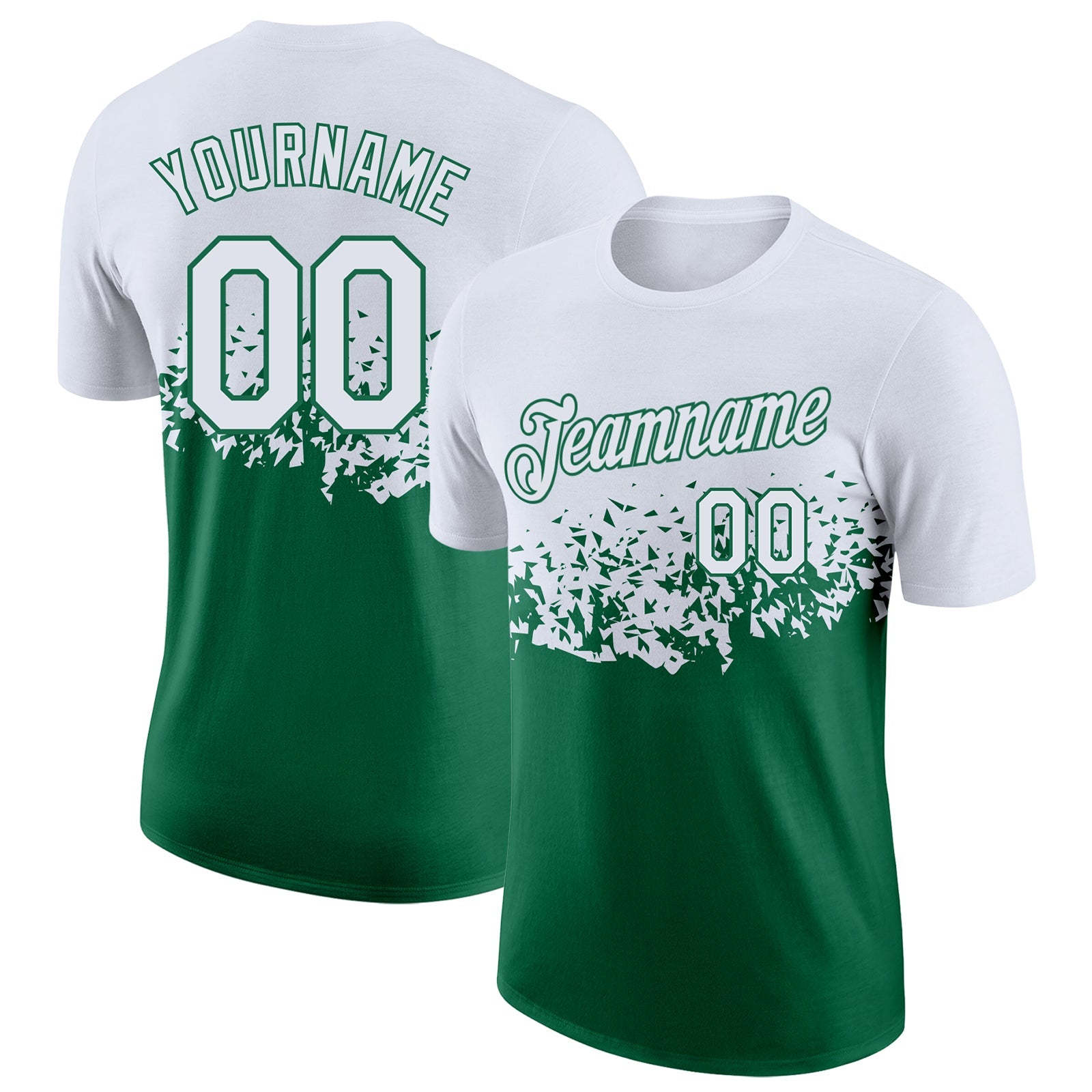 Custom White-Kelly Green Fade Geometric Splatter Fragmented Shards Performance T-Shirt - Main View