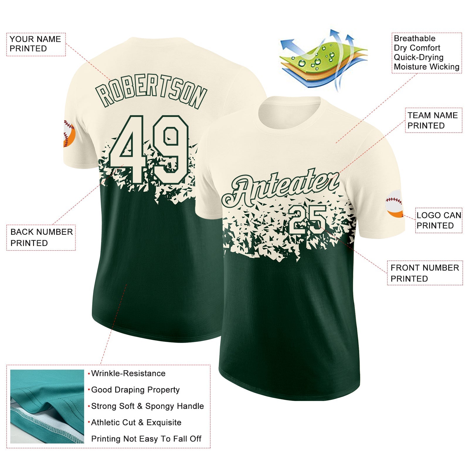 Custom Cream-Green Fade Geometric Splatter Fragmented Shards Performance T-Shirt view 2