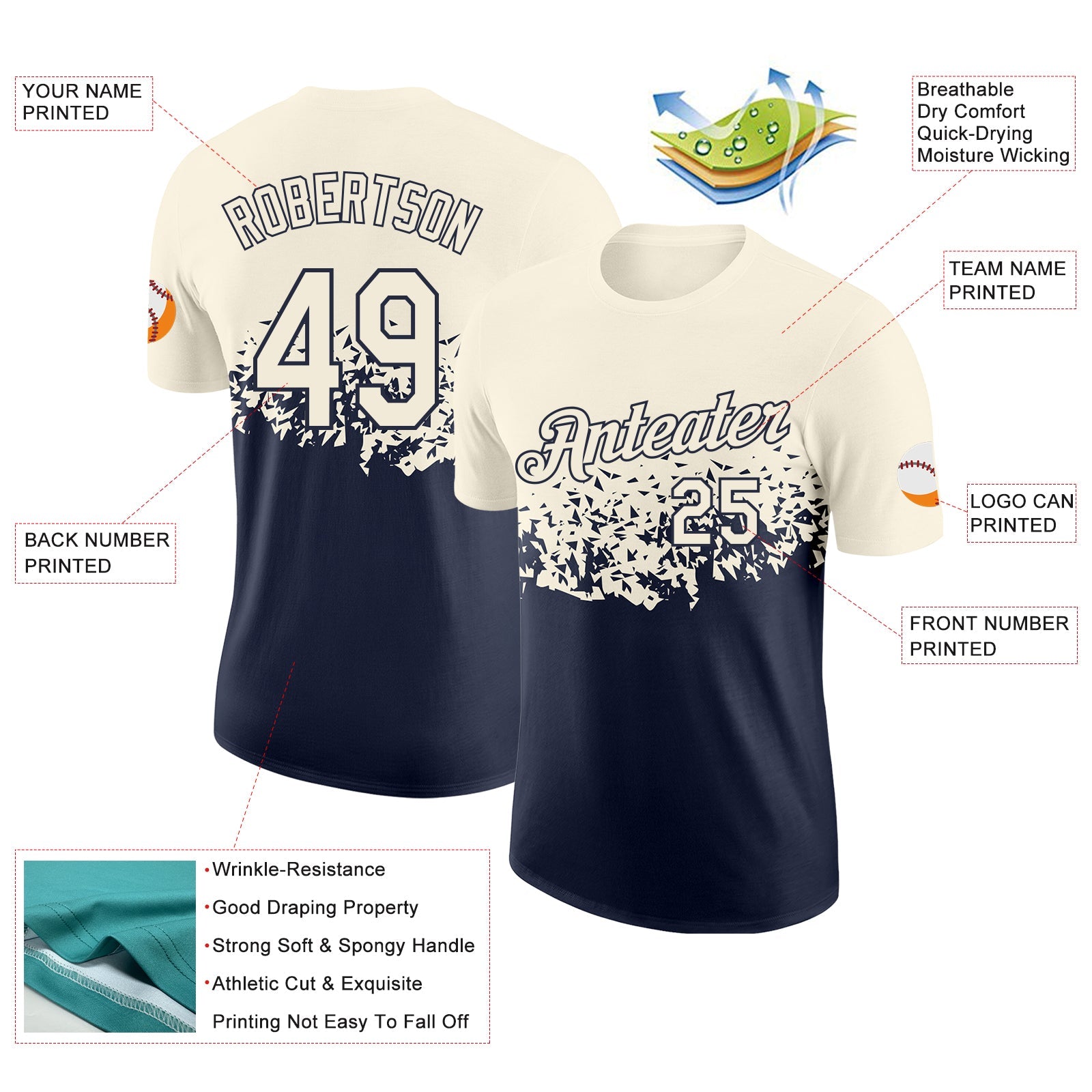 Custom Cream-Navy Fade Geometric Splatter Fragmented Shards Performance T-Shirt view 2