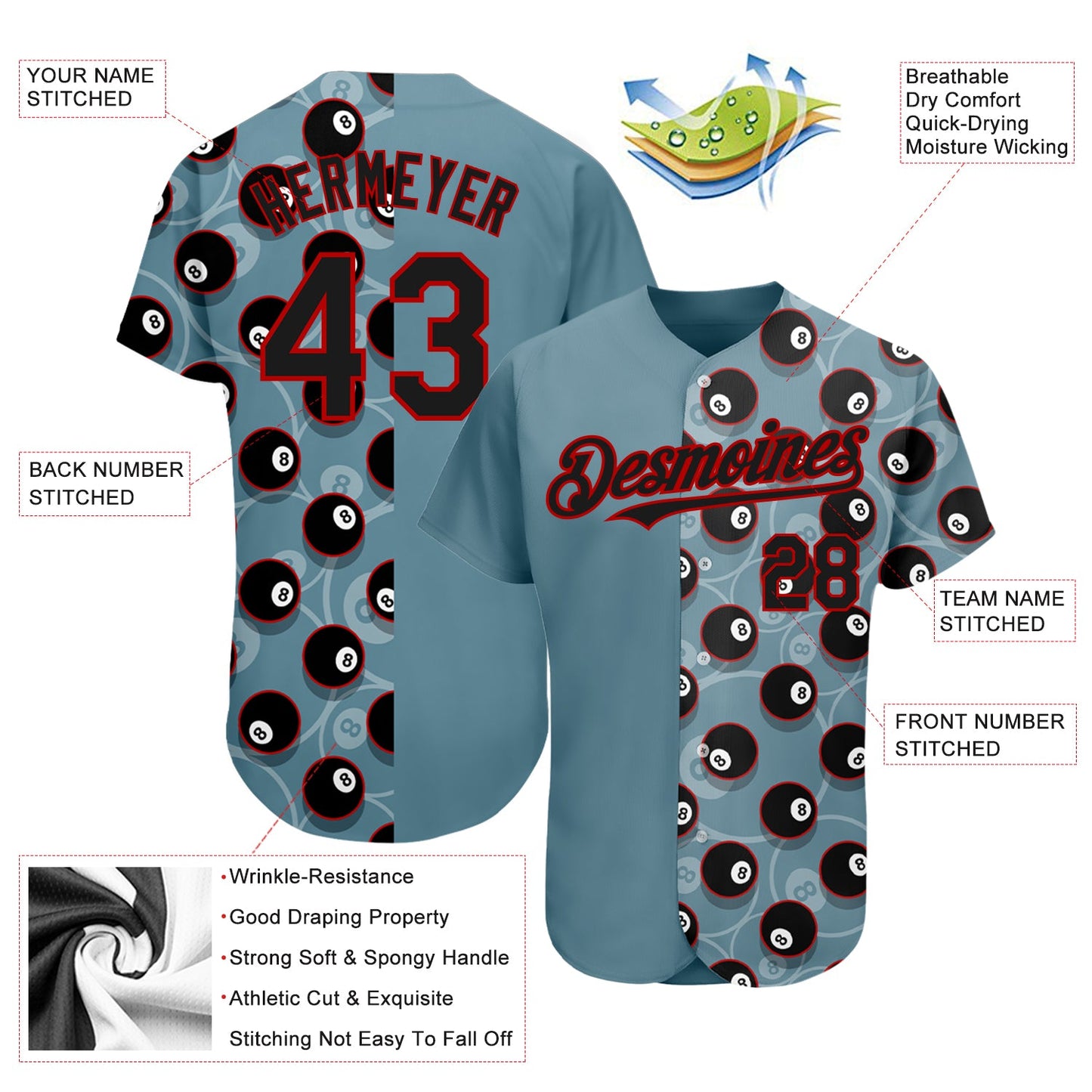 Custom Panther Blue Black-Red 3D Pattern Design Billiards Snooker 8 Ball Authentic Baseball Jersey view 3