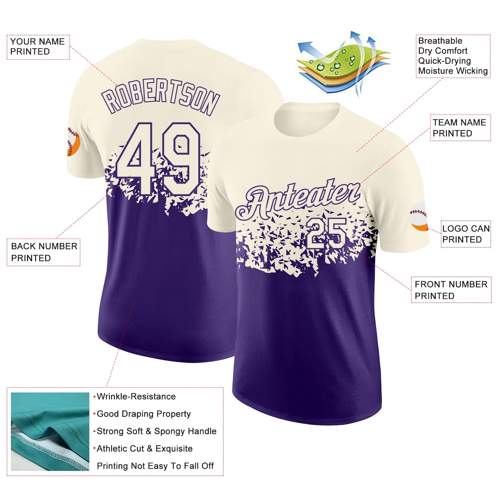 Custom Cream-Purple Fade Geometric Splatter Fragmented Shards Performance T-Shirt view 2