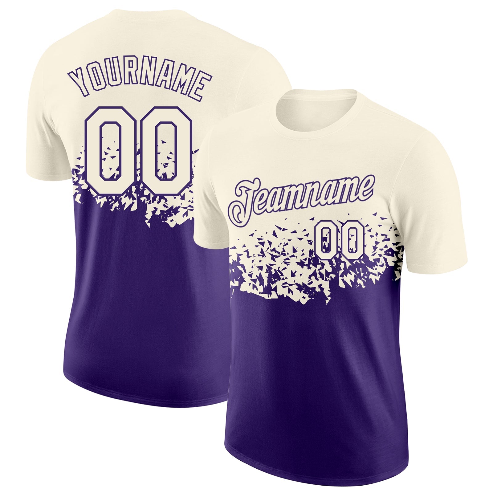 Custom Cream-Purple Fade Geometric Splatter Fragmented Shards Performance T-Shirt - Main View
