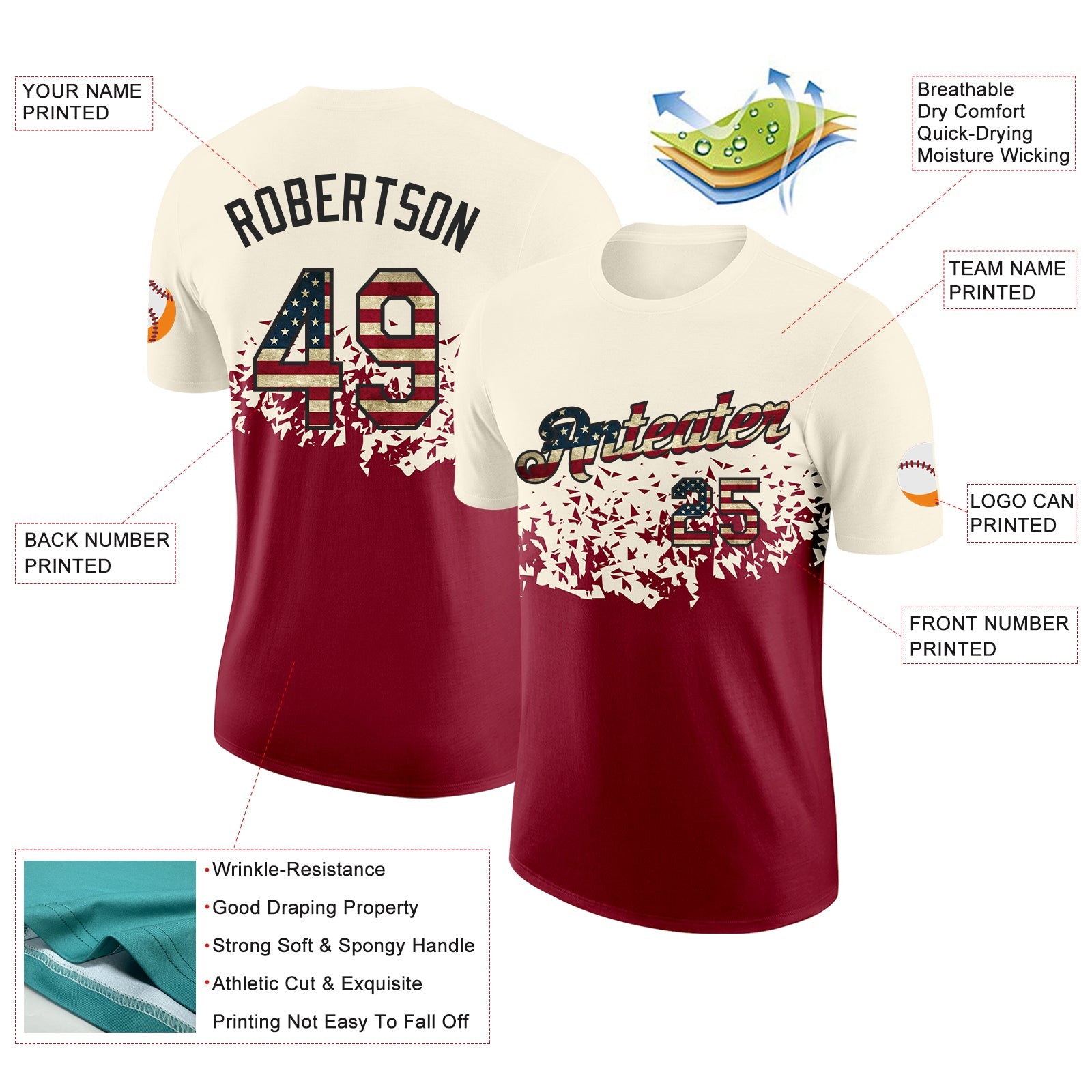 Custom Cream Vintage USA Flag Crimson-Black Fade Geometric Splatter Fragmented Shards Performance T-Shirt view 2