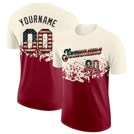Custom Cream Vintage USA Flag Crimson-Black Fade Geometric Splatter Fragmented Shards Performance T-Shirt - Main View