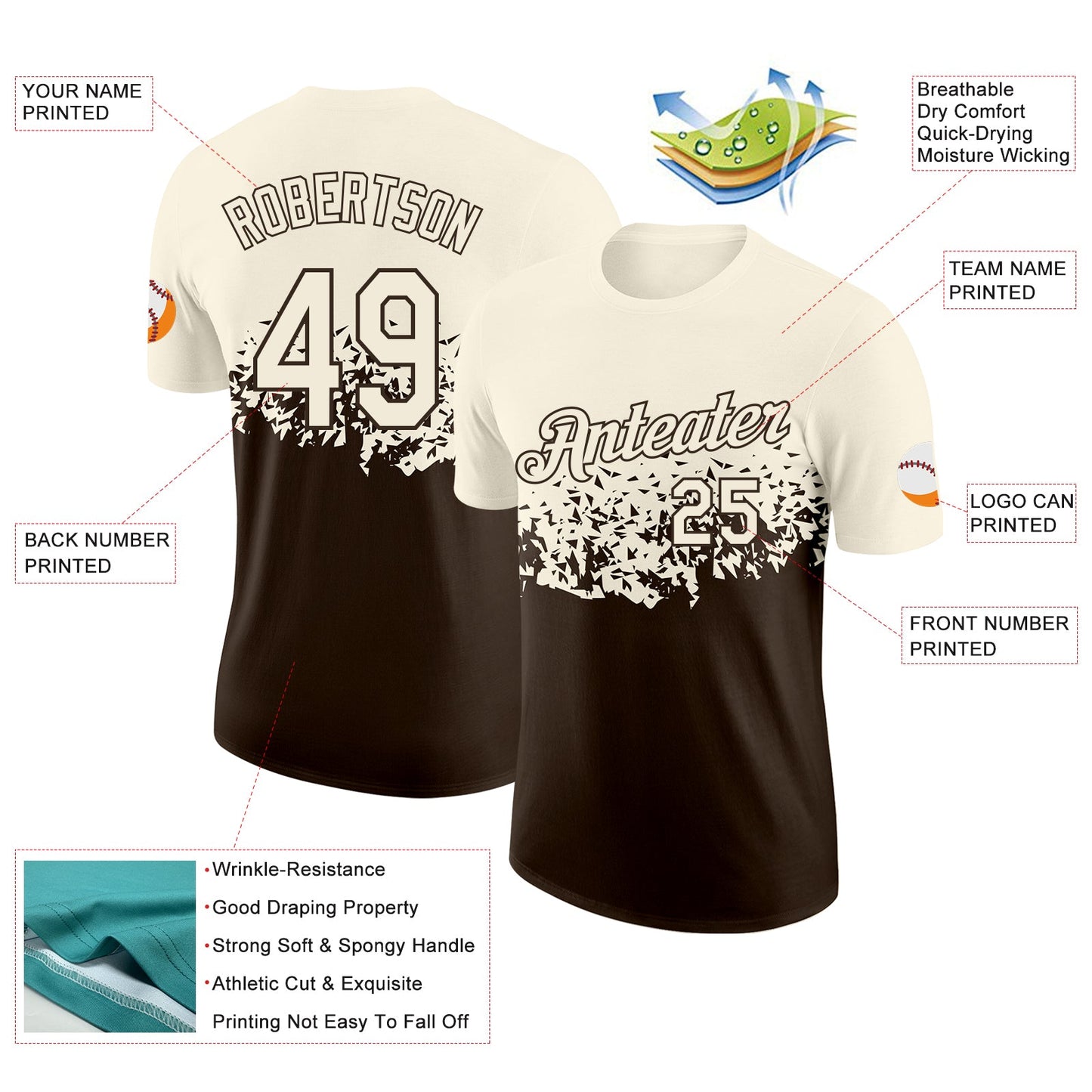 Custom Cream-Brown Fade Geometric Splatter Fragmented Shards Performance T-Shirt view 2