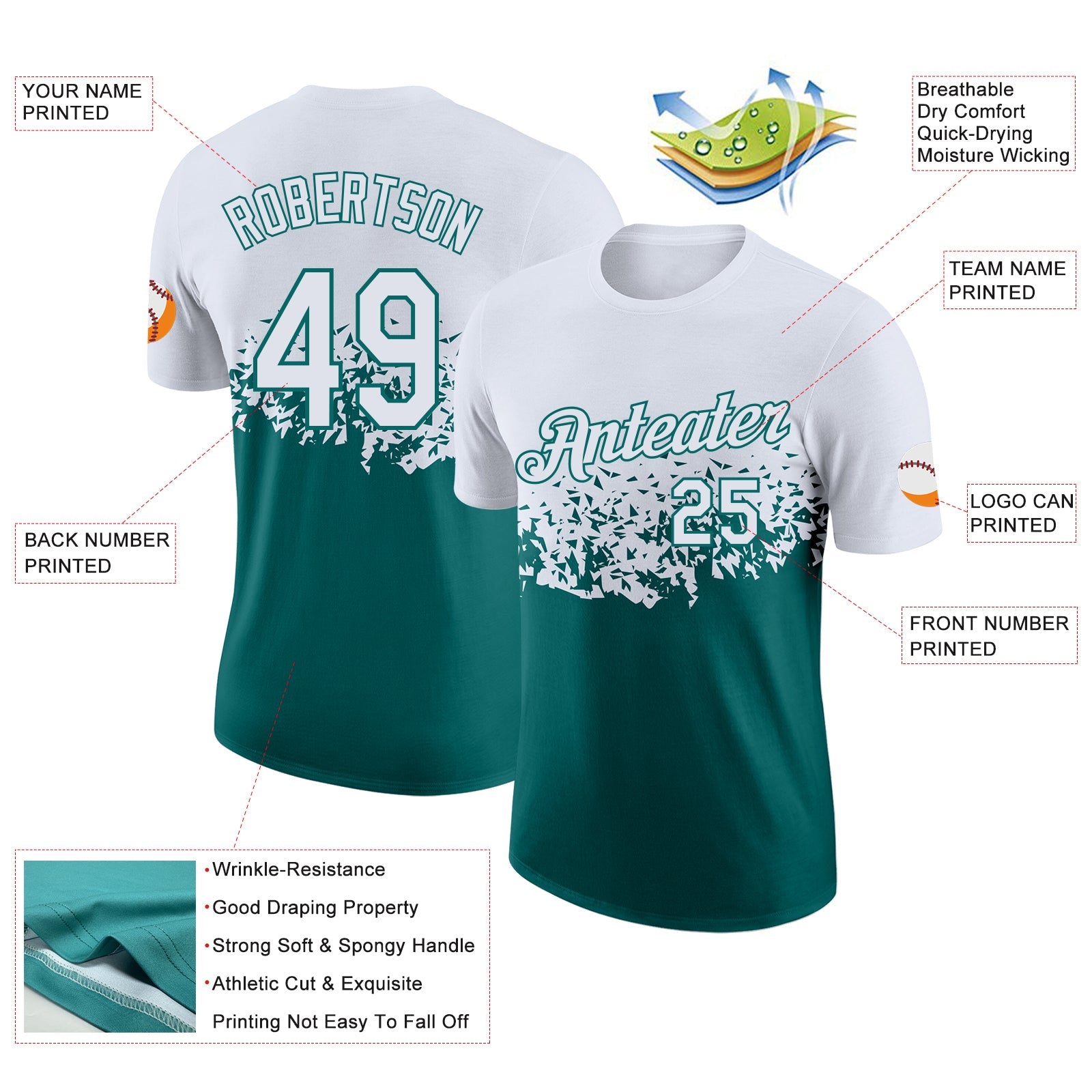 Custom White-Teal Fade Geometric Splatter Fragmented Shards Performance T-Shirt view 2