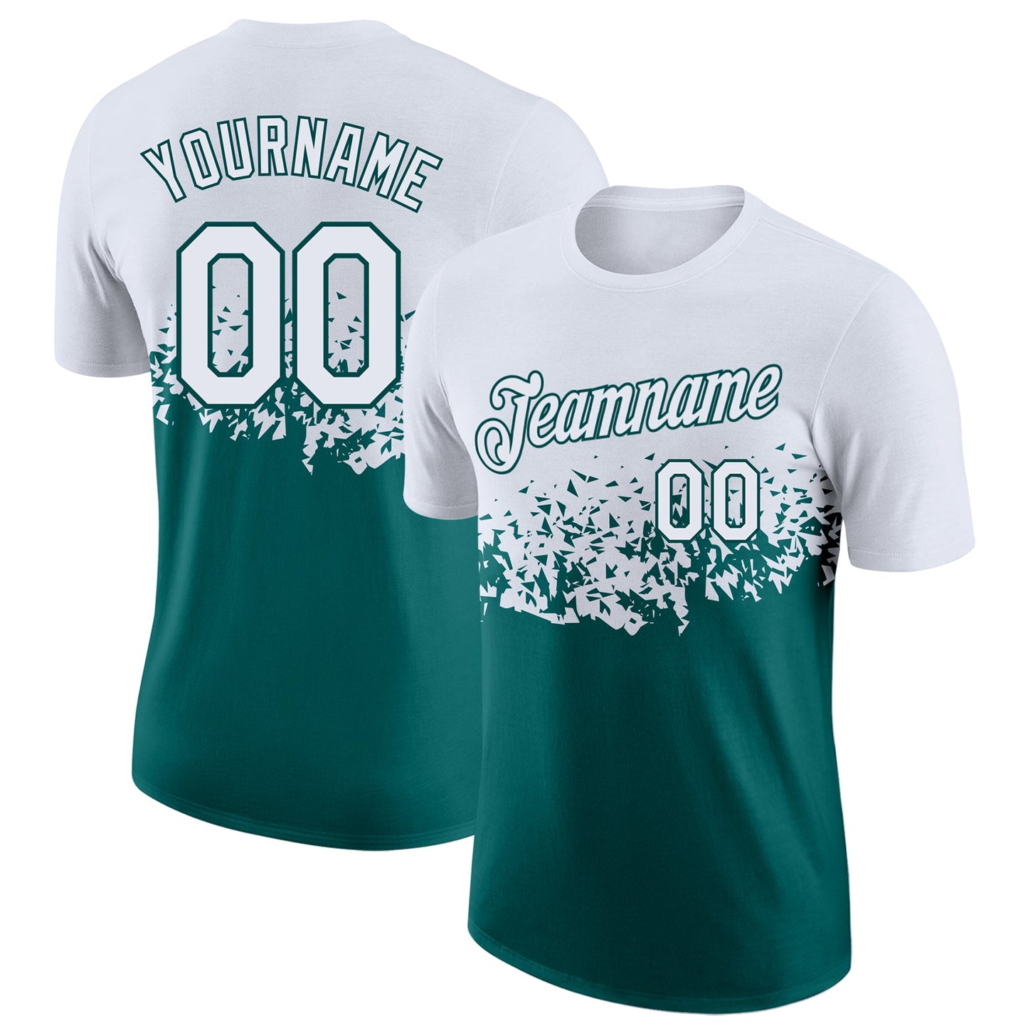 Custom White-Teal Fade Geometric Splatter Fragmented Shards Performance T-Shirt - Main View