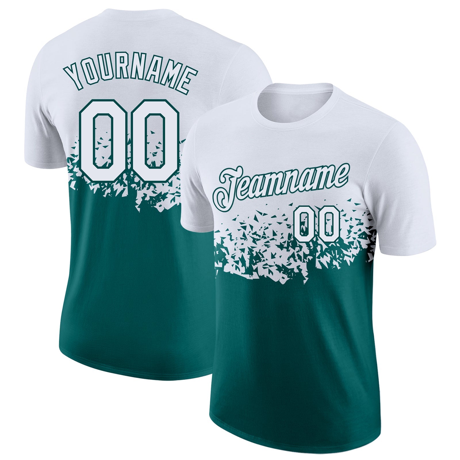 Custom White-Teal Fade Geometric Splatter Fragmented Shards Performance T-Shirt - Main View