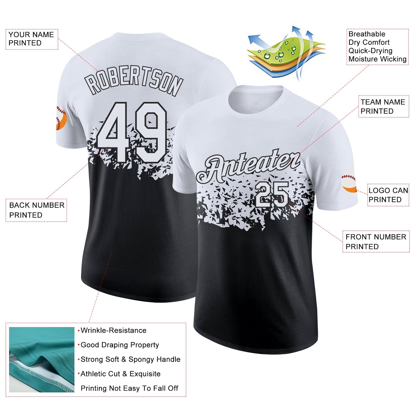 Custom White-Black Fade Geometric Splatter Fragmented Shards Performance T-Shirt view 2
