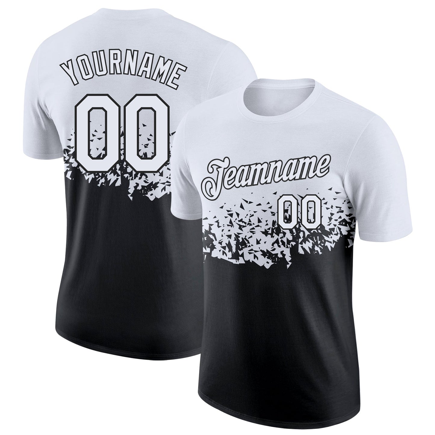 Custom White-Black Fade Geometric Splatter Fragmented Shards Performance T-Shirt - Main View