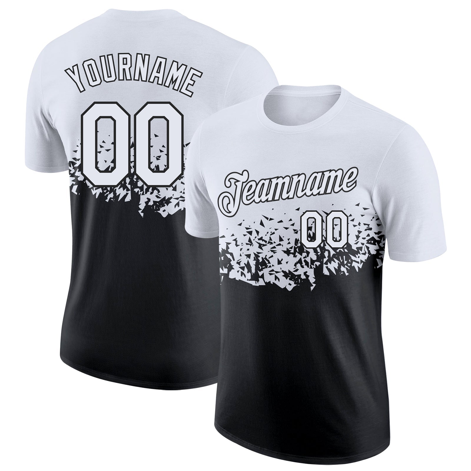 Custom White-Black Fade Geometric Splatter Fragmented Shards Performance T-Shirt - Main View