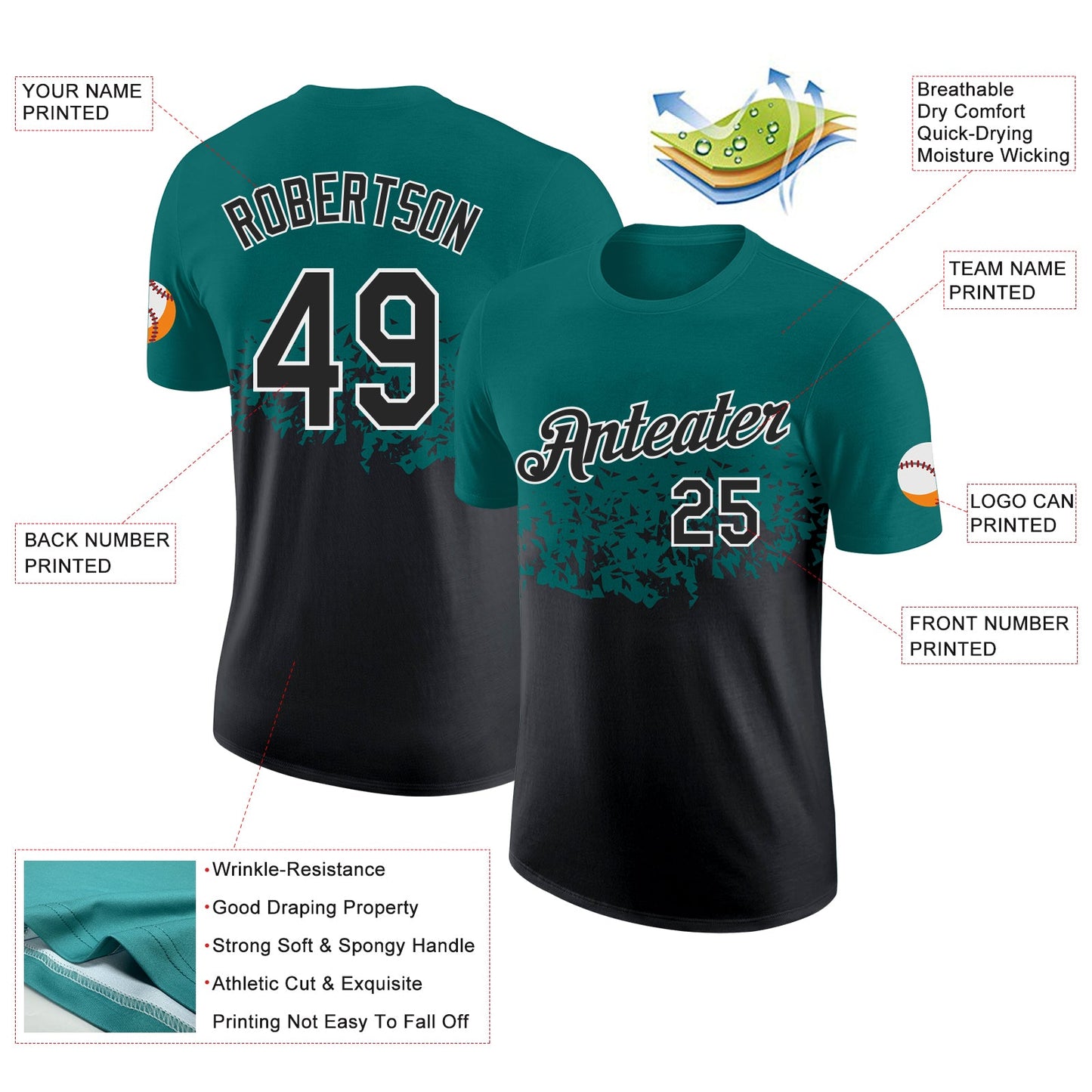 Custom Teal Black-White Fade Geometric Splatter Fragmented Shards Performance T-Shirt view 2