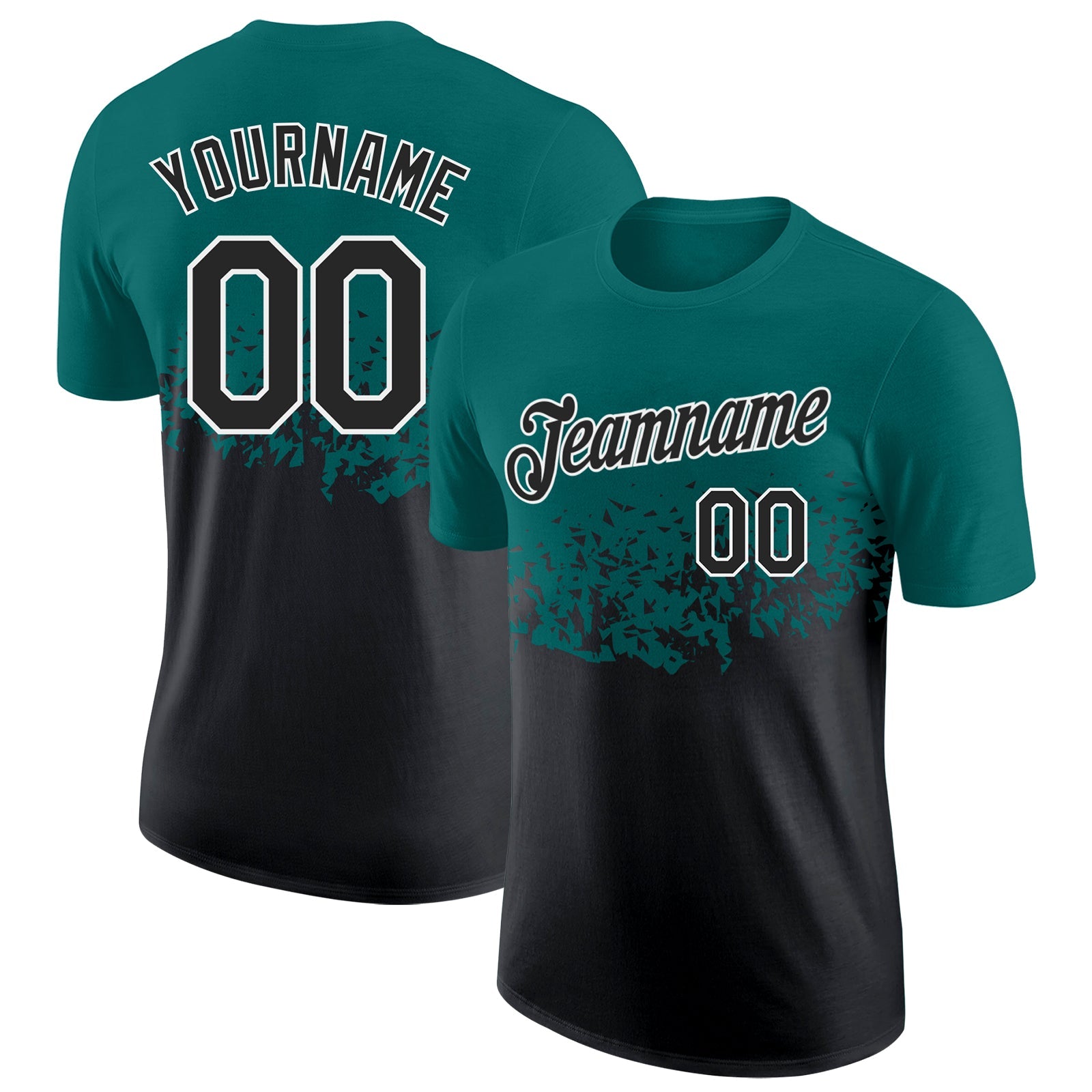Custom Teal Black-White Fade Geometric Splatter Fragmented Shards Performance T-Shirt - Main View