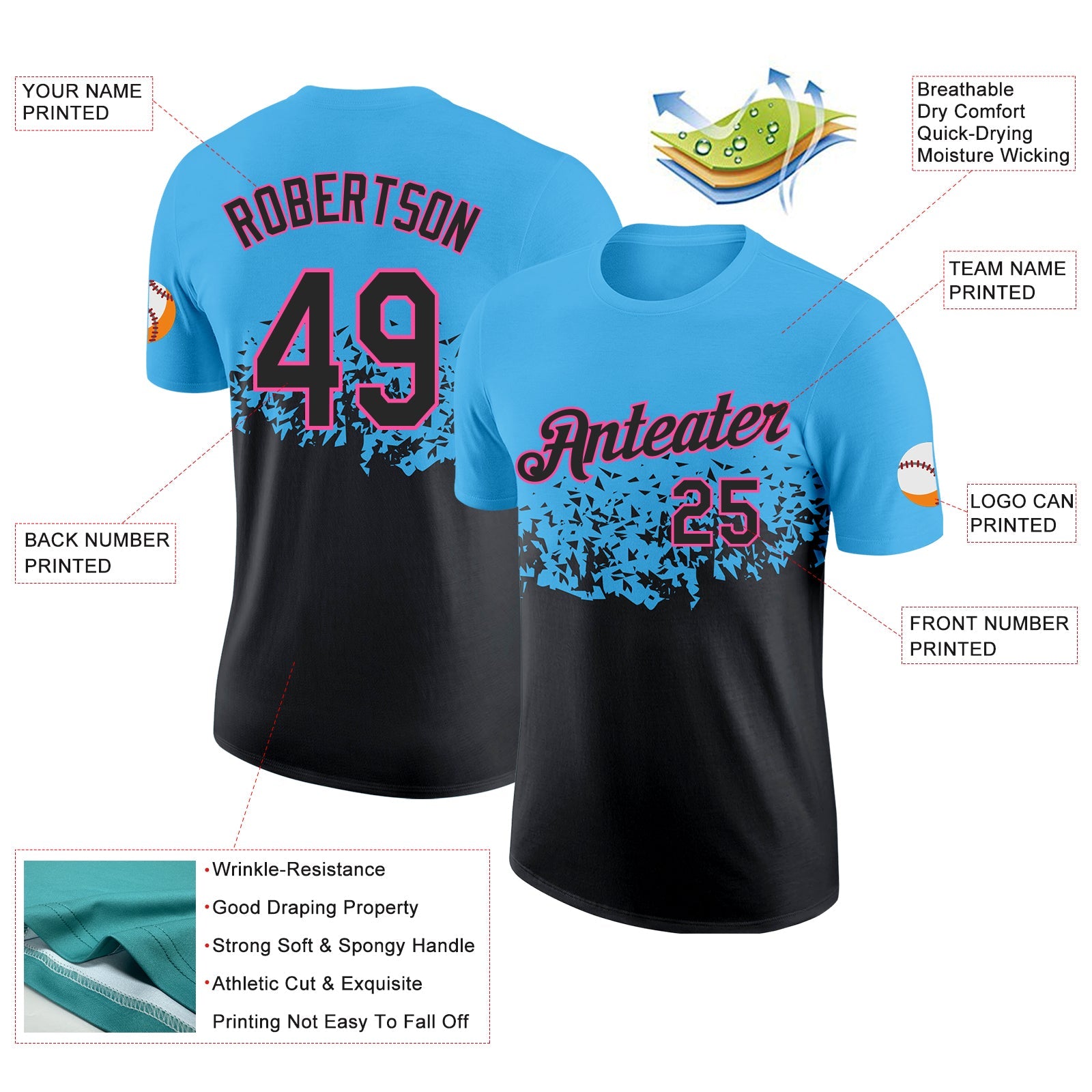 Custom Sky Blue Black-Pink Fade Geometric Splatter Fragmented Shards Performance T-Shirt view 2