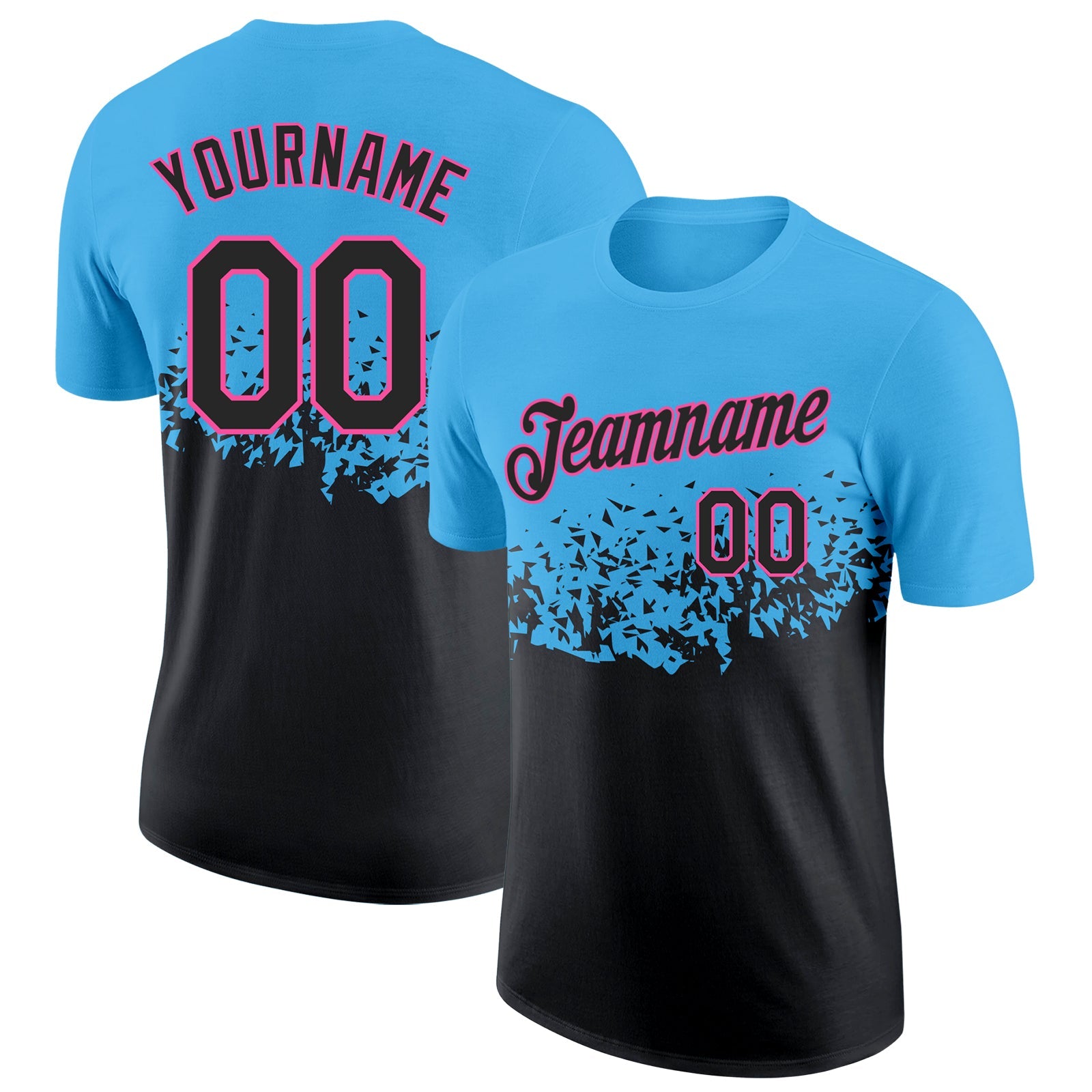 Custom Sky Blue Black-Pink Fade Geometric Splatter Fragmented Shards Performance T-Shirt - Main View