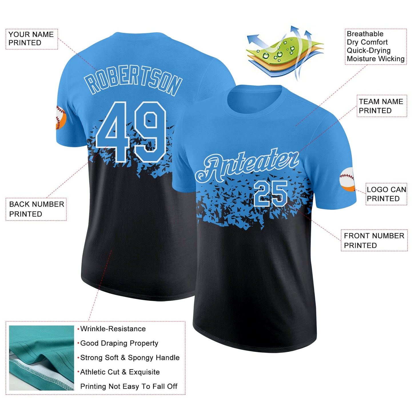 Custom Light Blue Black-White Fade Geometric Splatter Fragmented Shards Performance T-Shirt view 2