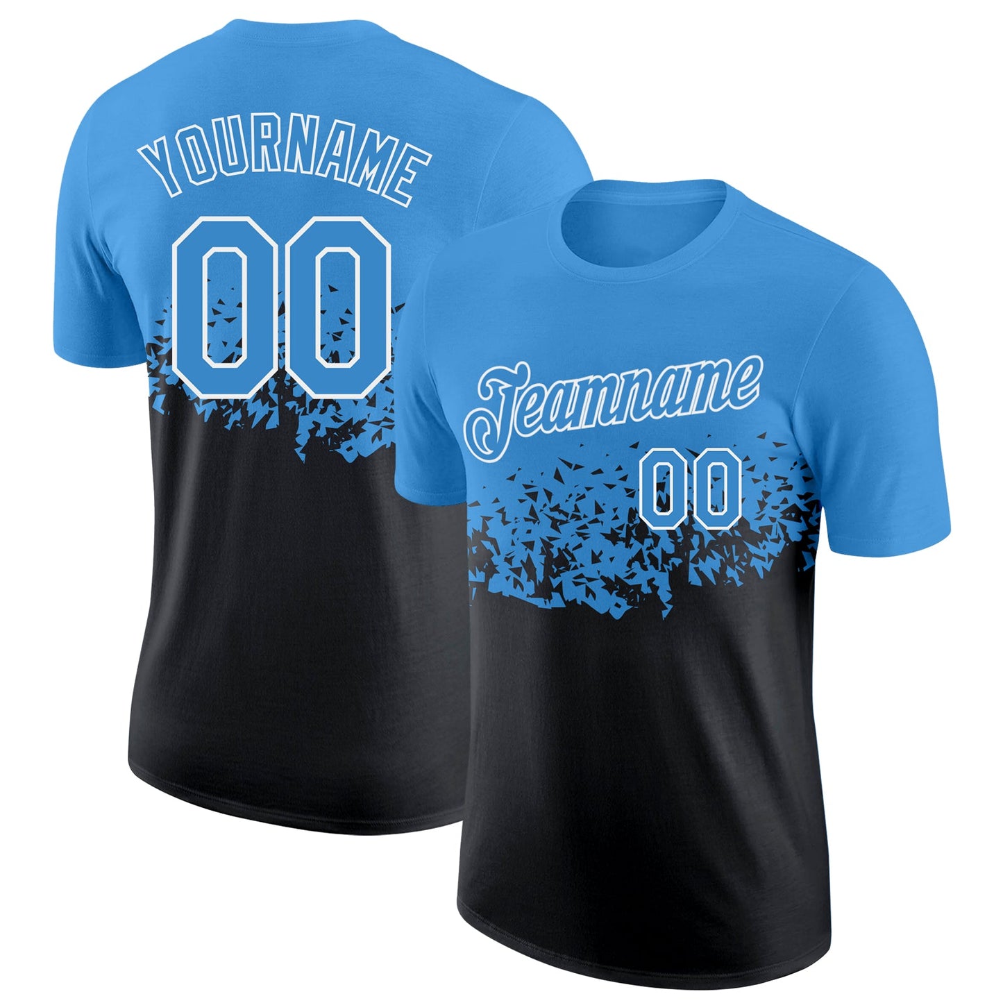 Custom Light Blue Black-White Fade Geometric Splatter Fragmented Shards Performance T-Shirt - Main View