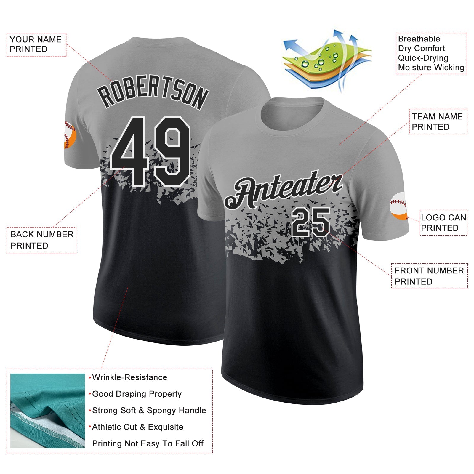 Custom Gray Black-White Fade Geometric Splatter Fragmented Shards Performance T-Shirt view 2