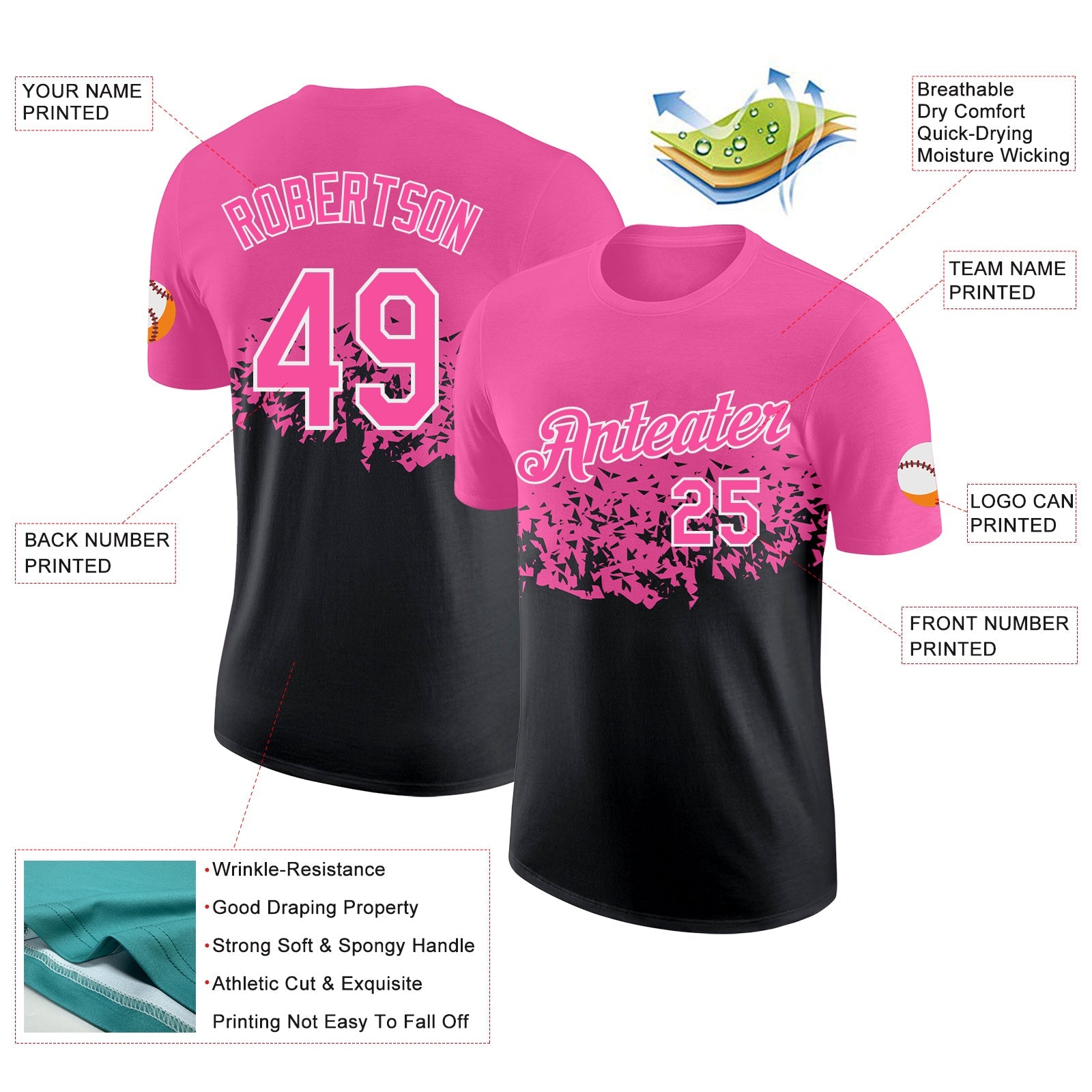 Custom Pink Black-White Fade Geometric Splatter Fragmented Shards Performance T-Shirt view 2