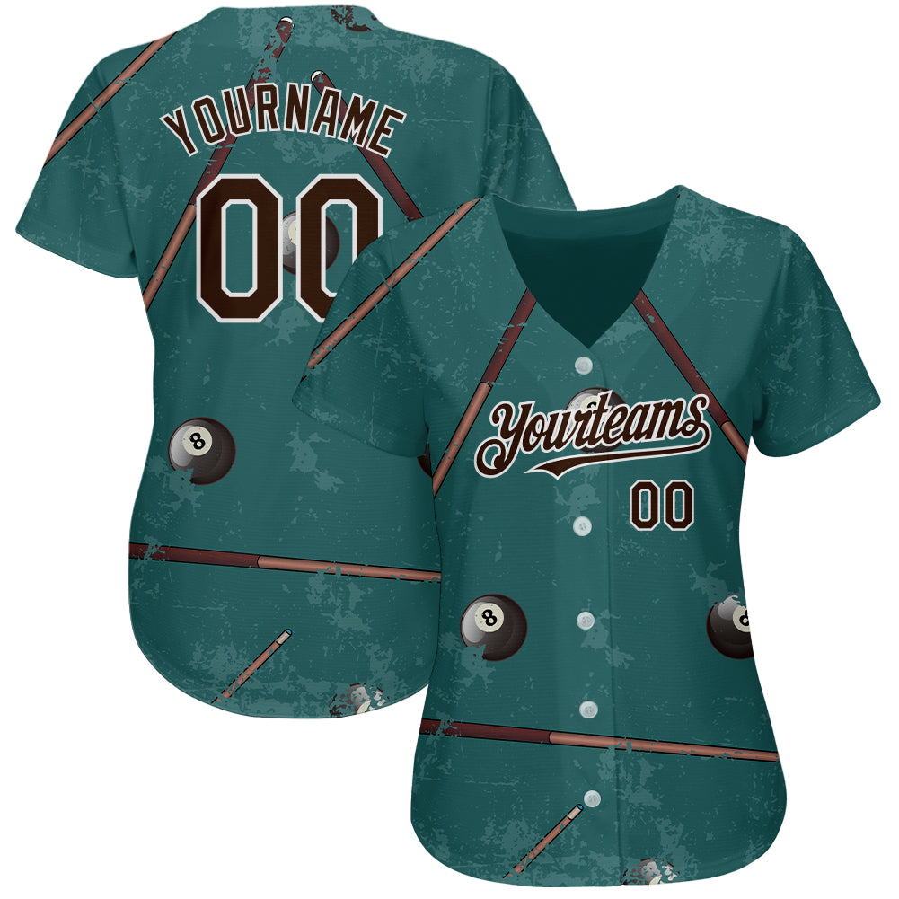 Custom Midnight Green Brown-White 3D Pattern Design Billiards Snooker 8 Ball Authentic Baseball Jersey view 2