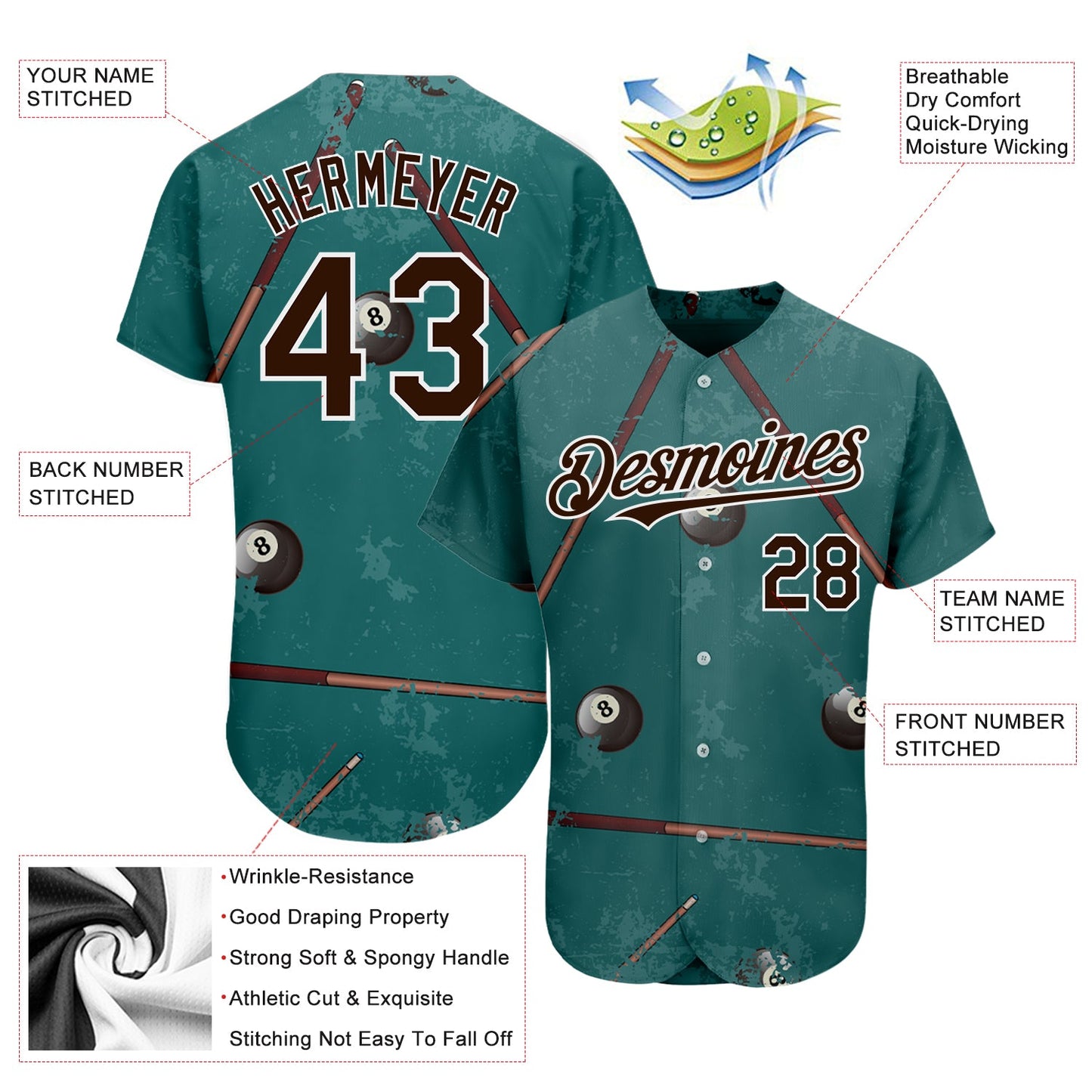 Custom Midnight Green Brown-White 3D Pattern Design Billiards Snooker 8 Ball Authentic Baseball Jersey view 3