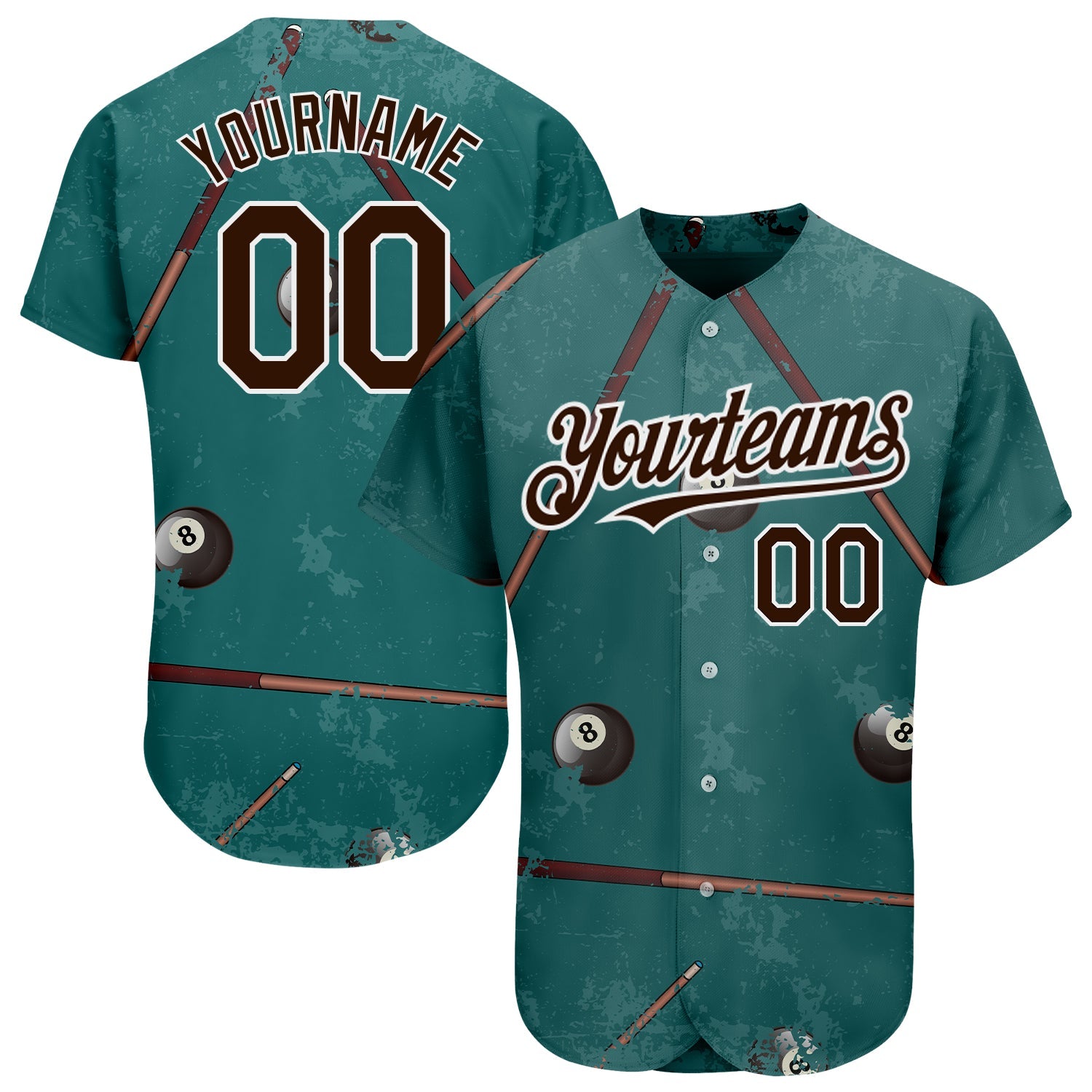 Custom Midnight Green Brown-White 3D Pattern Design Billiards Snooker 8 Ball Authentic Baseball Jersey - Main View