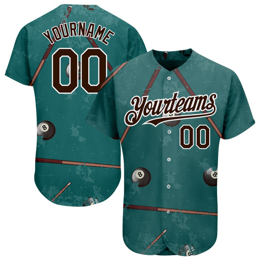 Custom Midnight Green Brown-White 3D Pattern Design Billiards Snooker 8 Ball Authentic Baseball Jersey - Main View