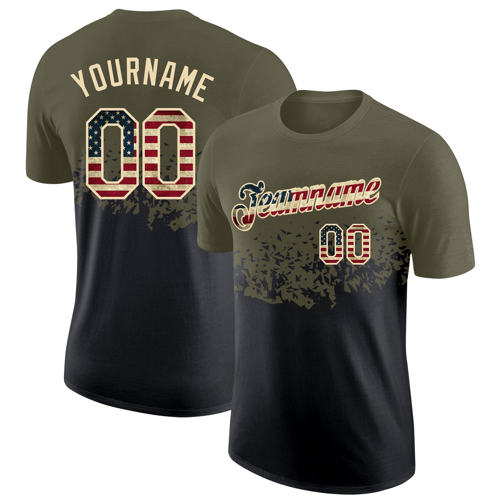 Custom Olive Vintage USA Flag Black-Cream Fade Geometric Splatter Fragmented Shards Performance T-Shirt - Main View