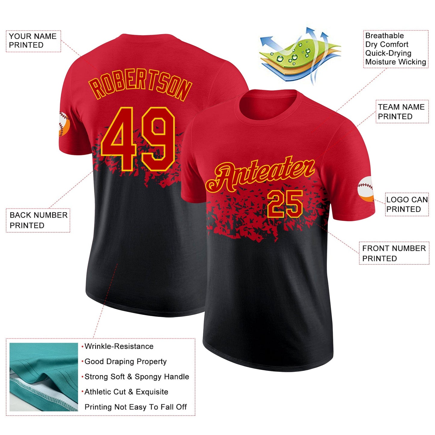 Custom Red Black-Yellow Fade Geometric Splatter Fragmented Shards Performance T-Shirt view 2