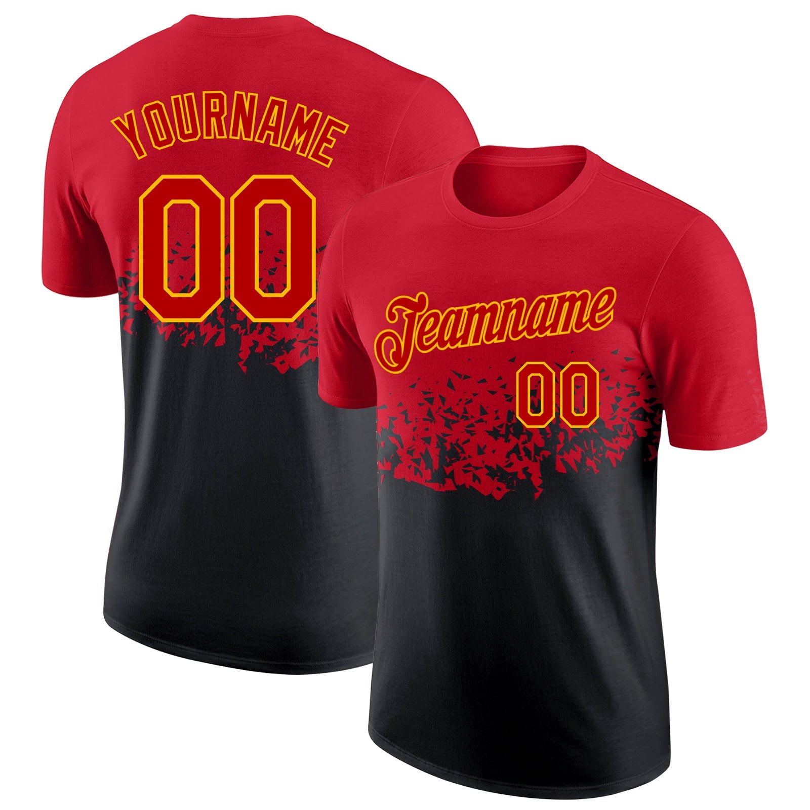 Custom Red Black-Yellow Fade Geometric Splatter Fragmented Shards Performance T-Shirt - Main View