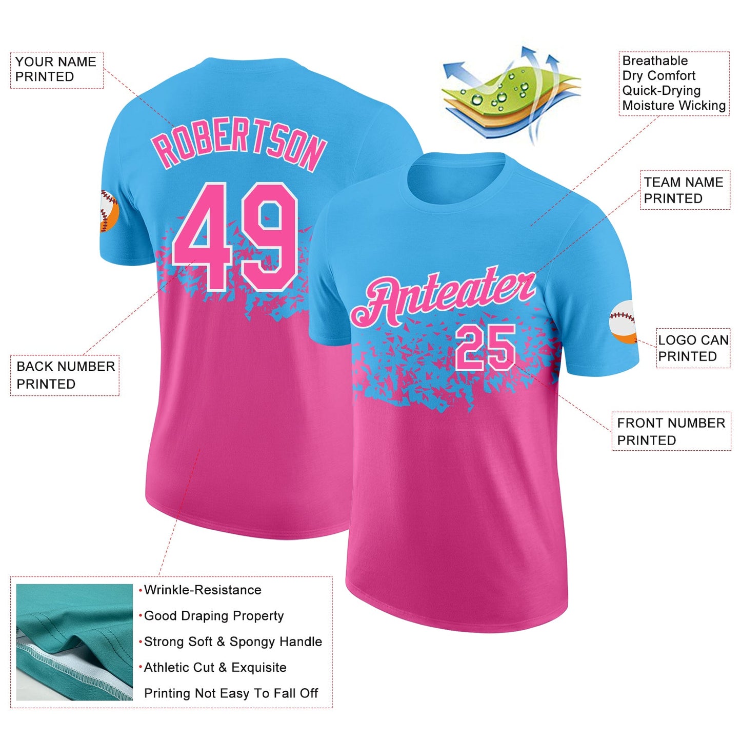 Custom Sky Blue Pink-White Fade Geometric Splatter Fragmented Shards Performance T-Shirt view 2