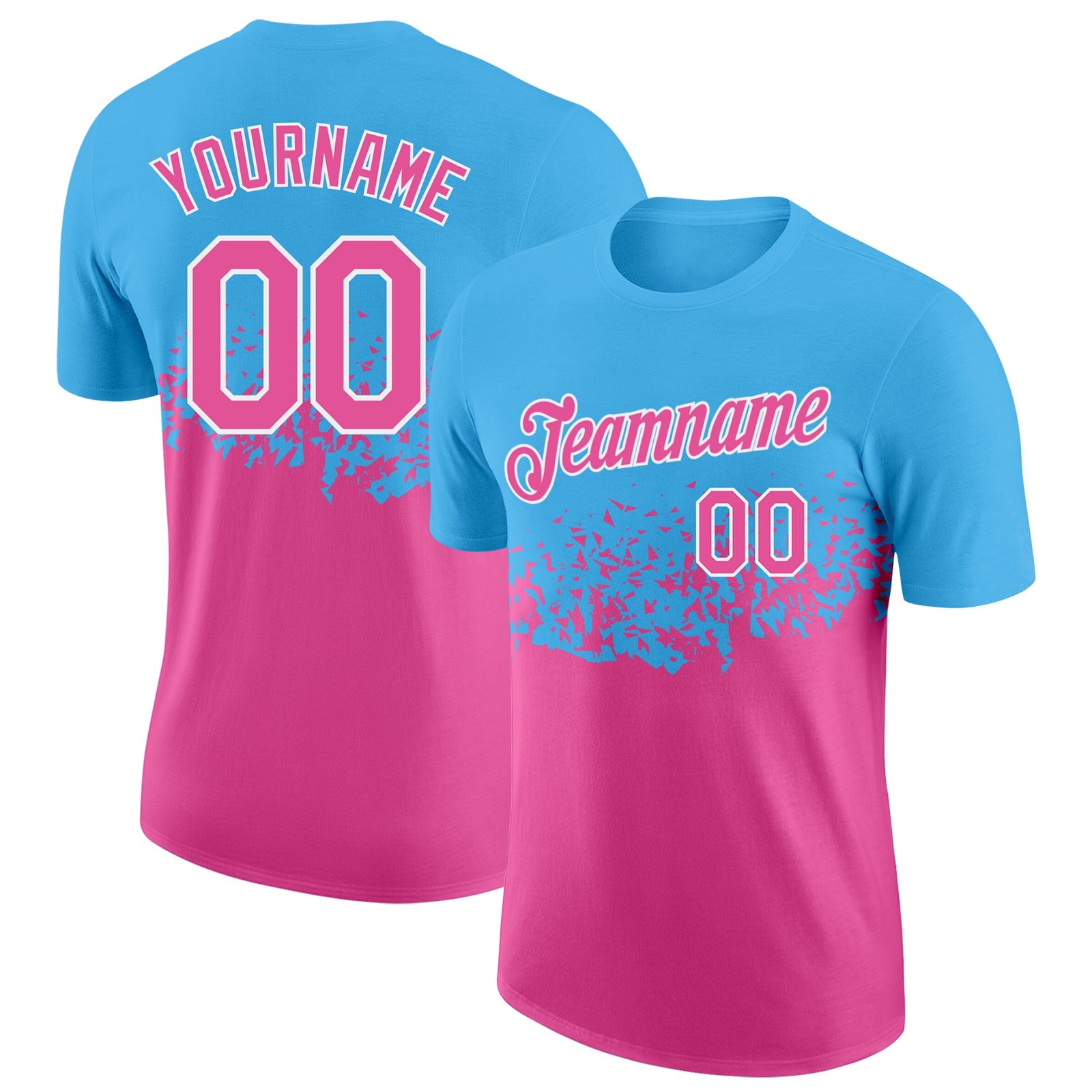 Custom Sky Blue Pink-White Fade Geometric Splatter Fragmented Shards Performance T-Shirt - Main View