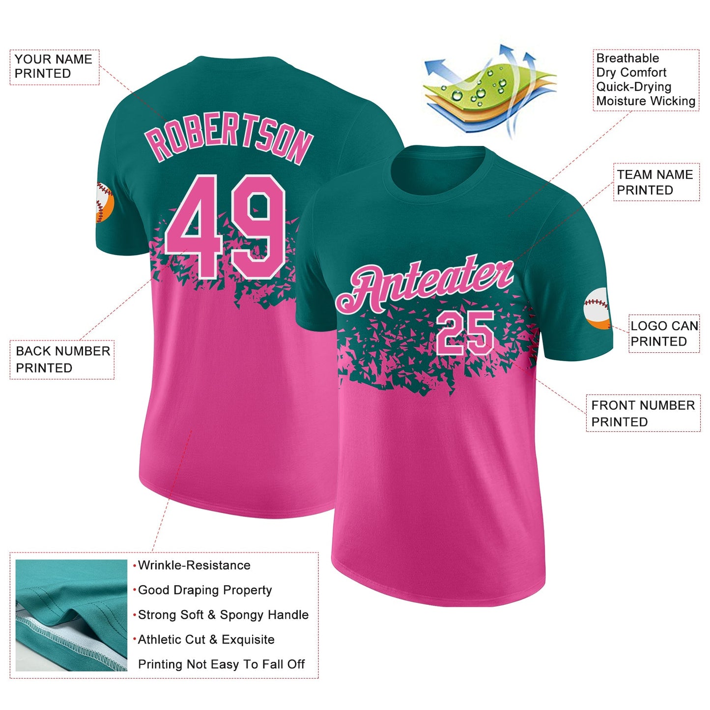 Custom Teal Pink-White Fade Geometric Splatter Fragmented Shards Performance T-Shirt view 2