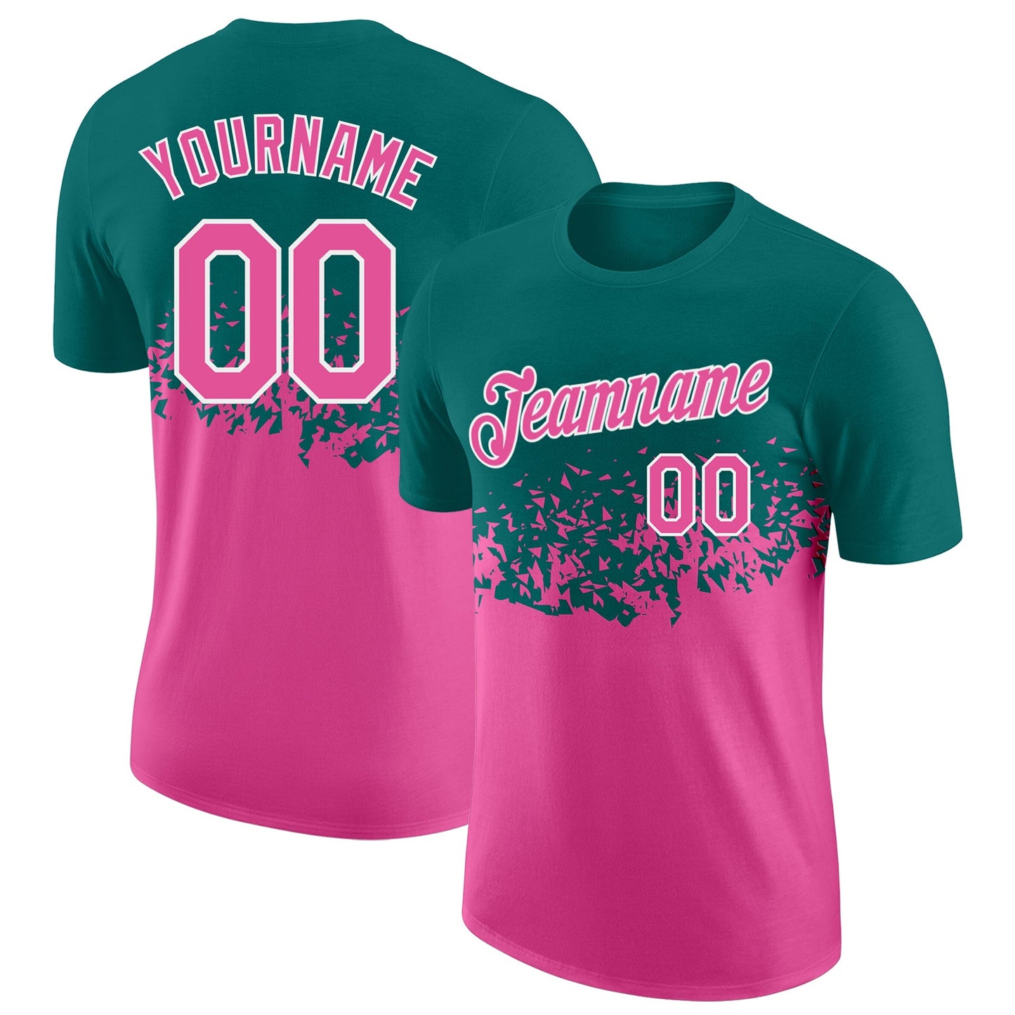 Custom Teal Pink-White Fade Geometric Splatter Fragmented Shards Performance T-Shirt - Main View