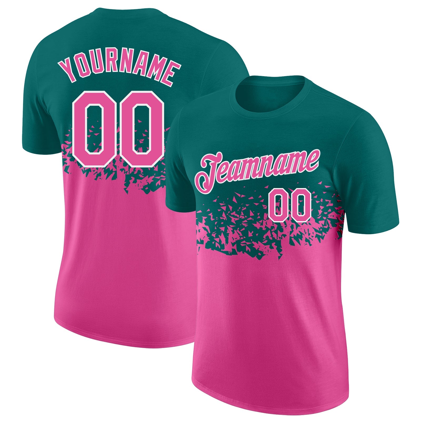 Custom Teal Pink-White Fade Geometric Splatter Fragmented Shards Performance T-Shirt - Main View
