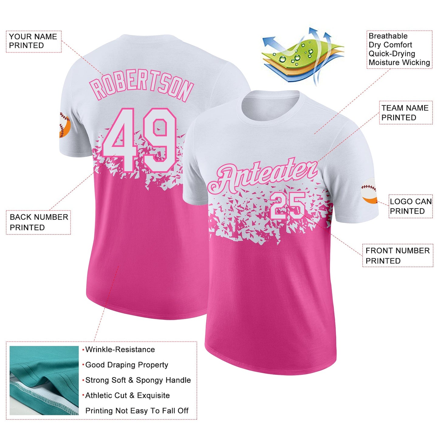 Custom White-Pink Fade Geometric Splatter Fragmented Shards Performance T-Shirt view 2