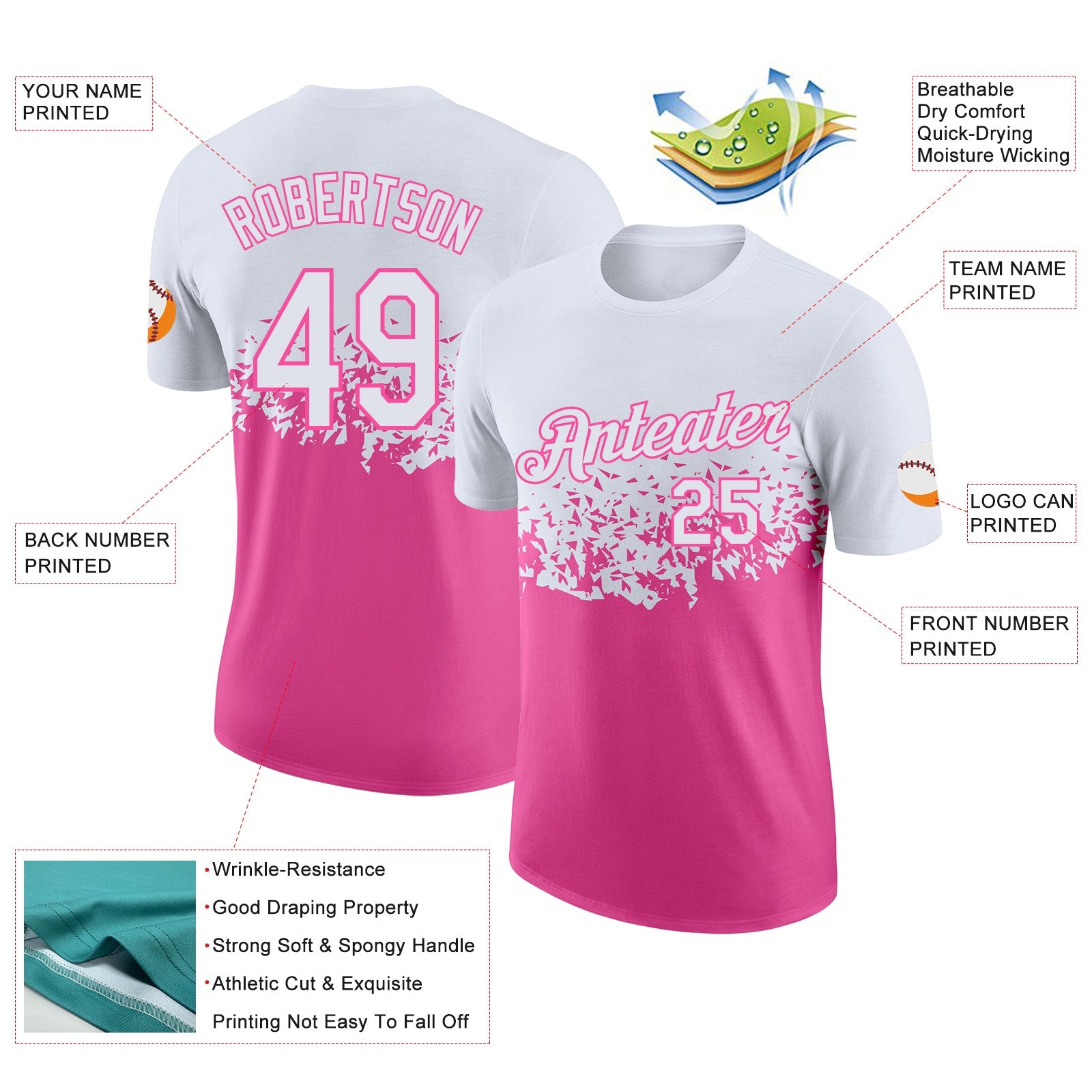 Custom White-Pink Fade Geometric Splatter Fragmented Shards Performance T-Shirt view 2