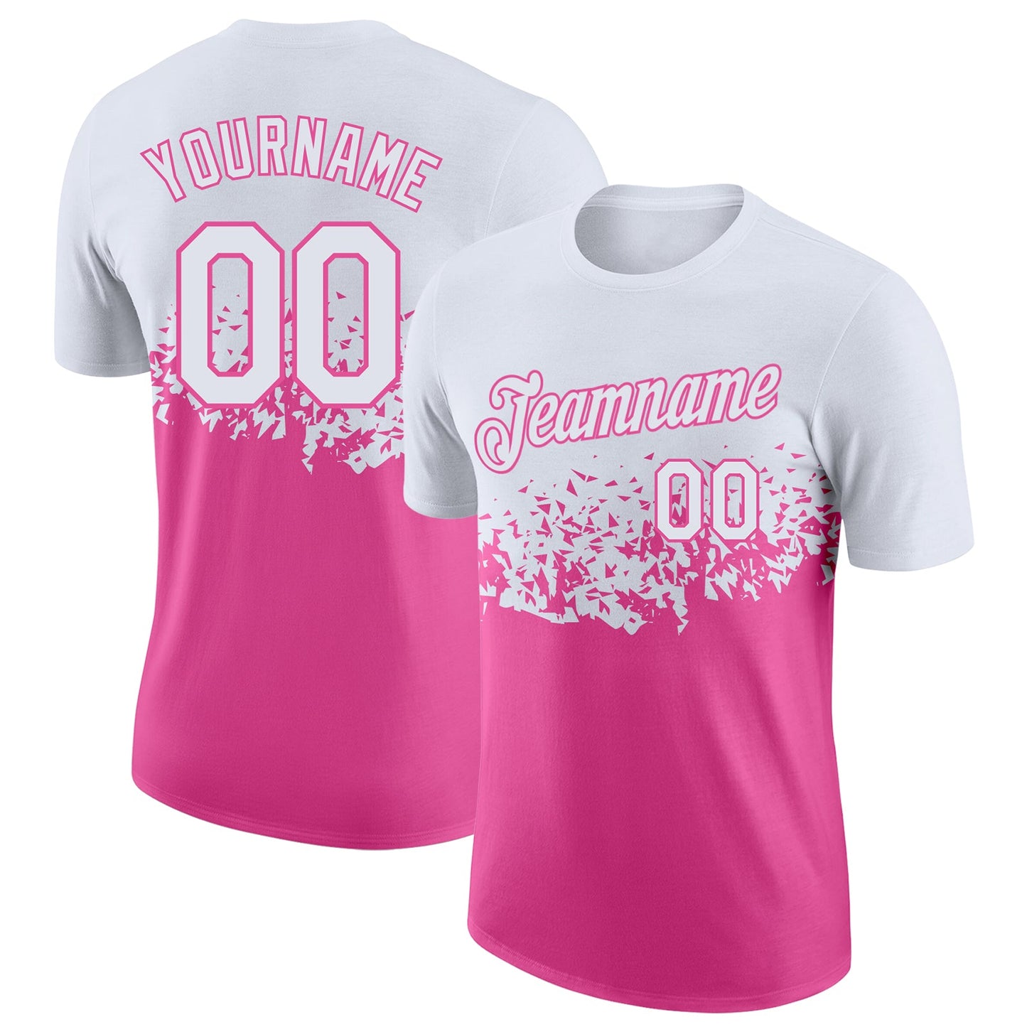 Custom White-Pink Fade Geometric Splatter Fragmented Shards Performance T-Shirt - Main View